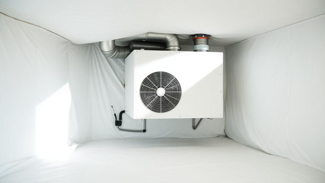 Commercial-grade basement dehumidifier mounted in a sealed crawl space with ducting and a drain line
