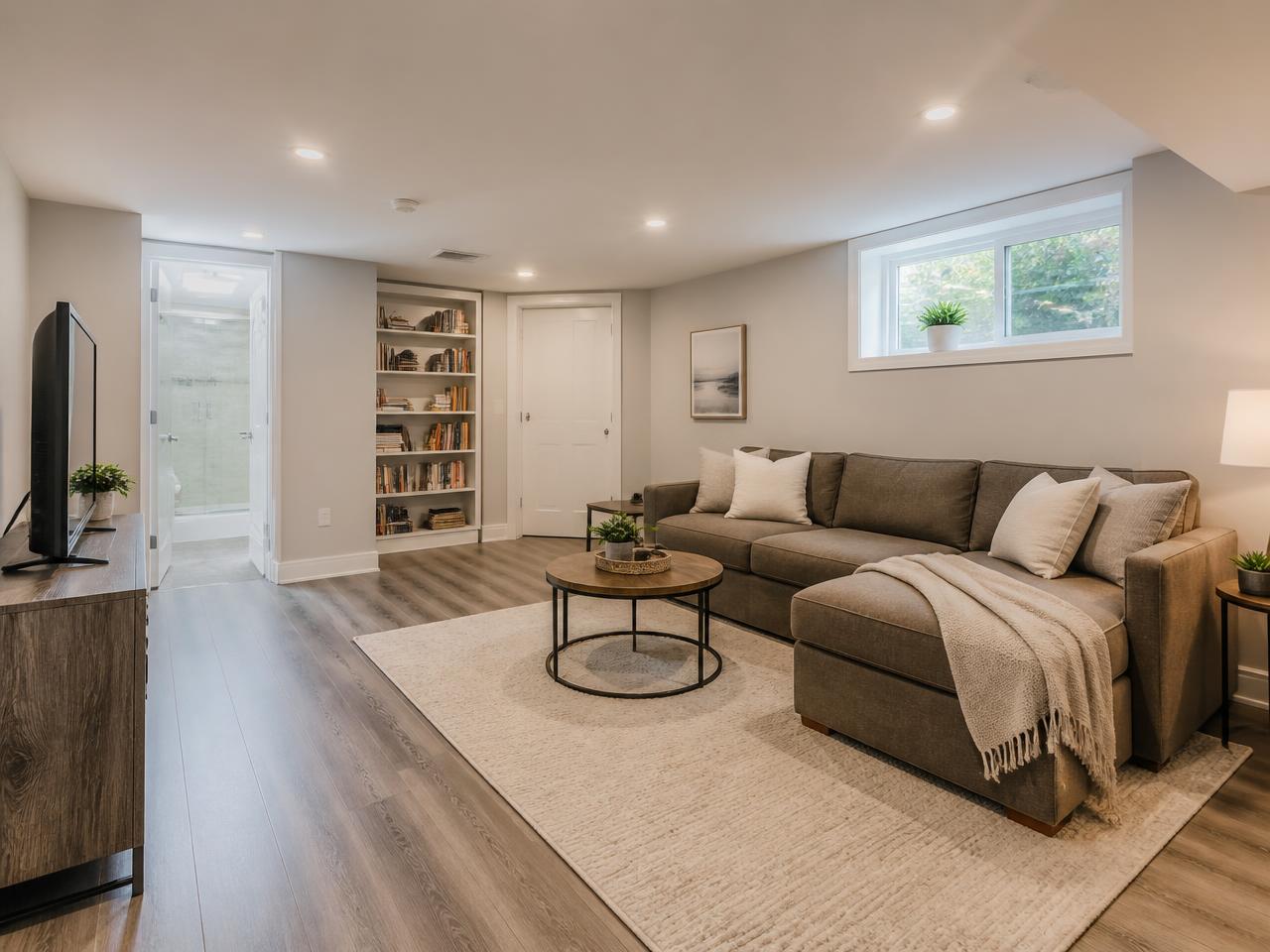 Dry, finished basement living space in a [City], [State] home