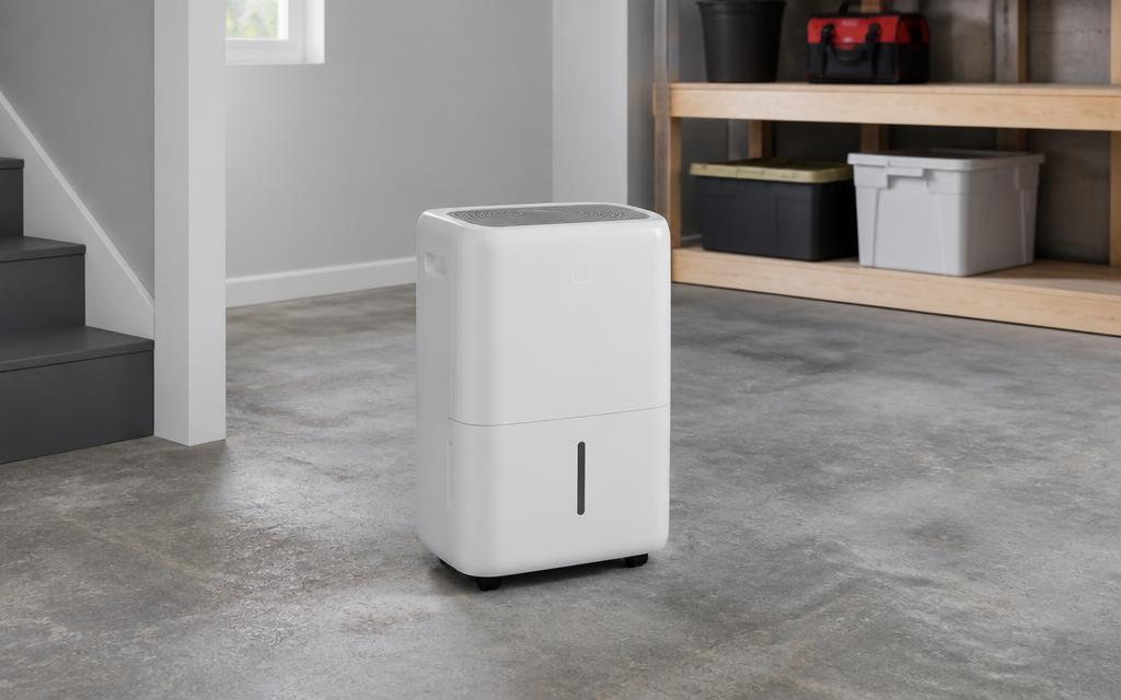 Portable dehumidifier running in a clean, dry basement
