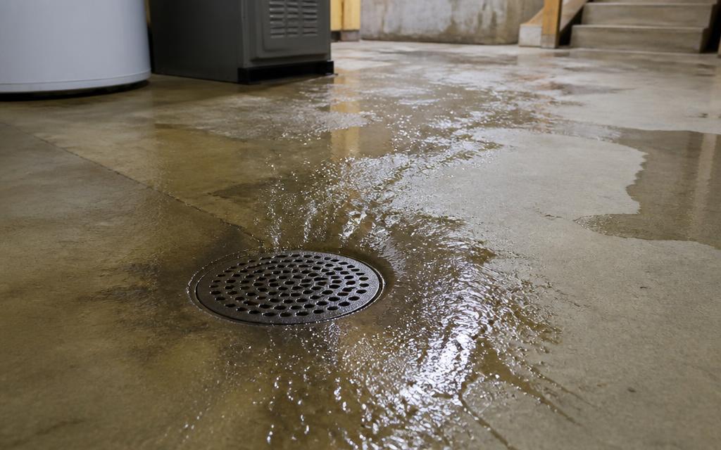 Water tracking across a basement floor toward a drain